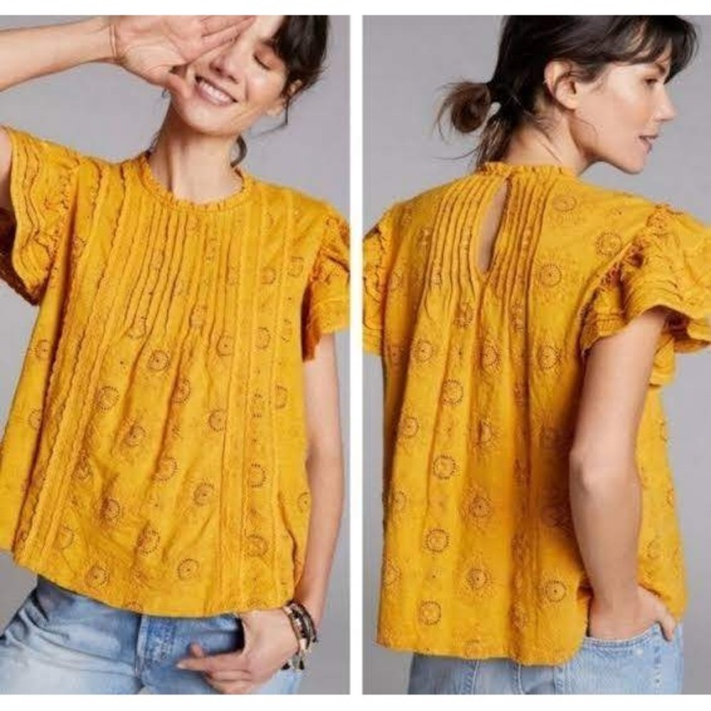 Anthropologie Forever That Girl Eyelet Flutter Sleeve Top Mustard Yellow Small